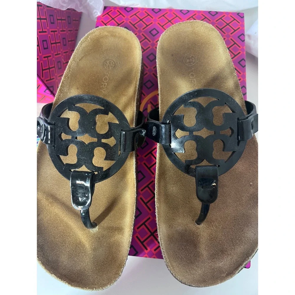 Tory Burch Miller Cloud Sandals Black Patent Leather Cork Size 6.5‎